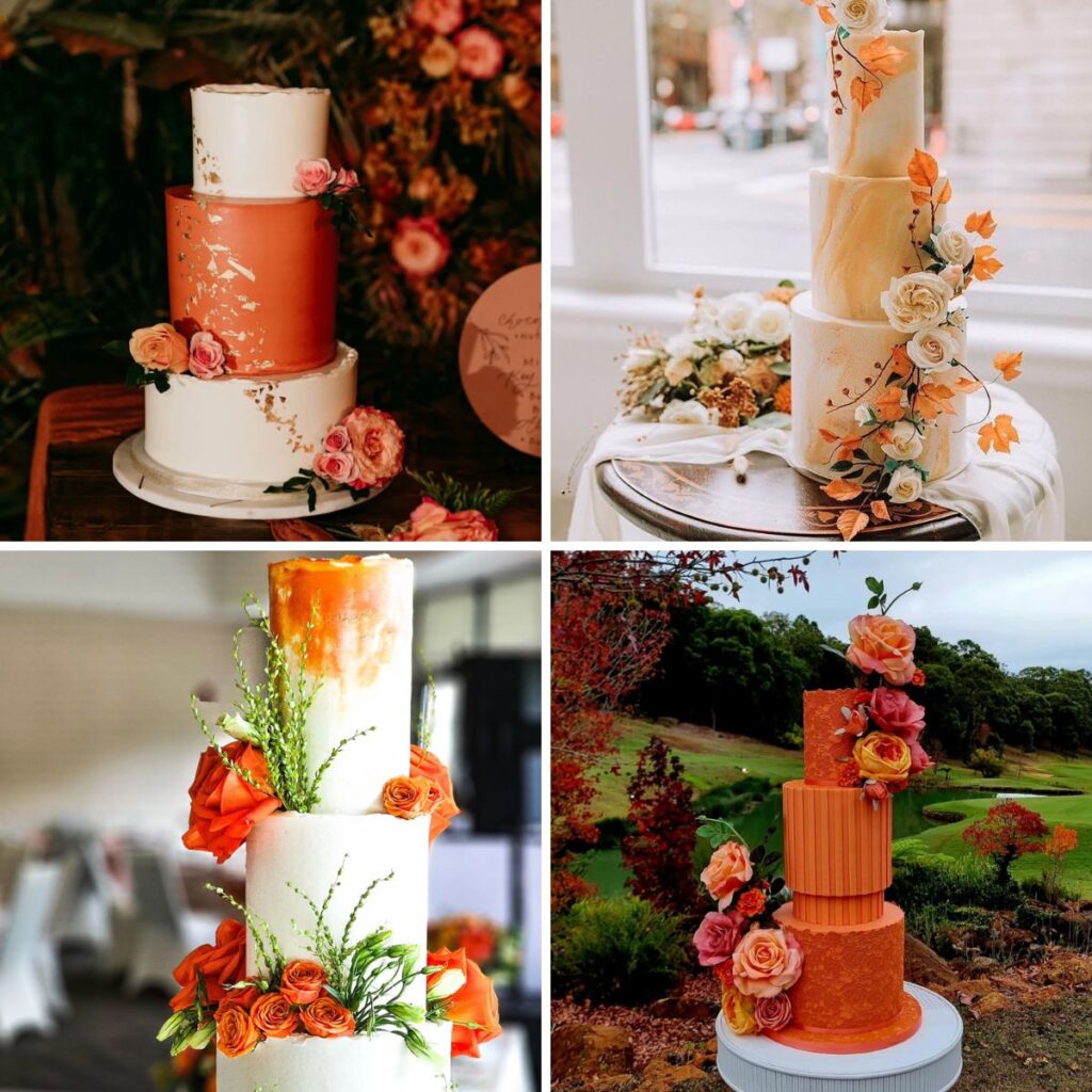 four different photos of wedding cakes with an orange color palette