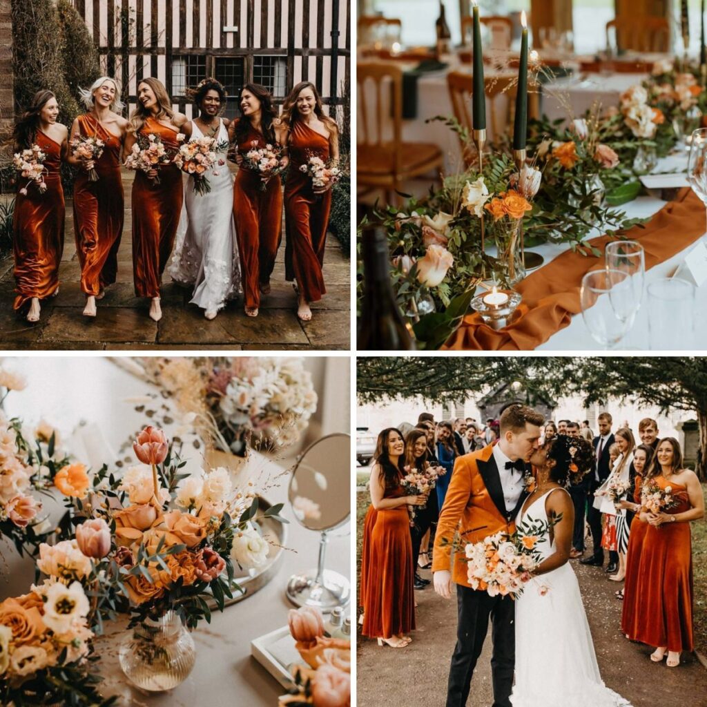 A photo collage of wedding photos with an orange color palette. The name of this palette is verona sunset. The photos show bridesmaids wearing orange bridesmaid dresses, a bride and groom with groom wearing an orange jacket, and close up reception photos with orange decor like flowers and linens.