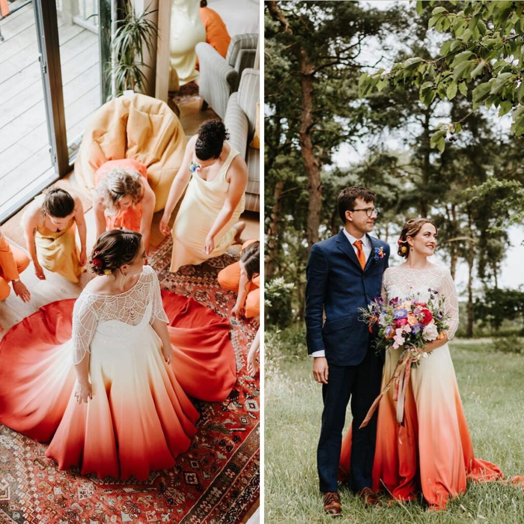 A bride wearing an orange and white wedding dress and a groom in a black suit