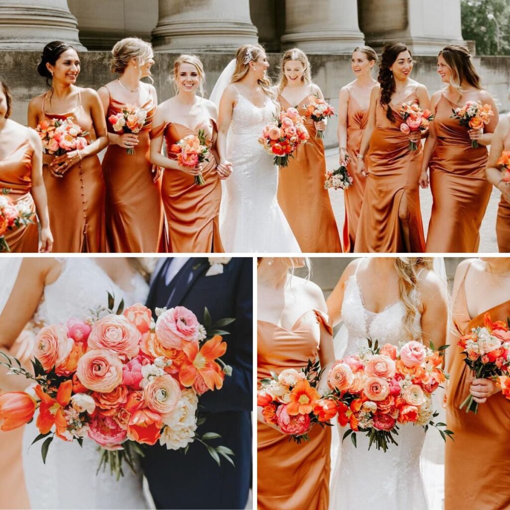 A photo collage of bridesmaids wearing orange dresses and holding orange bouquets