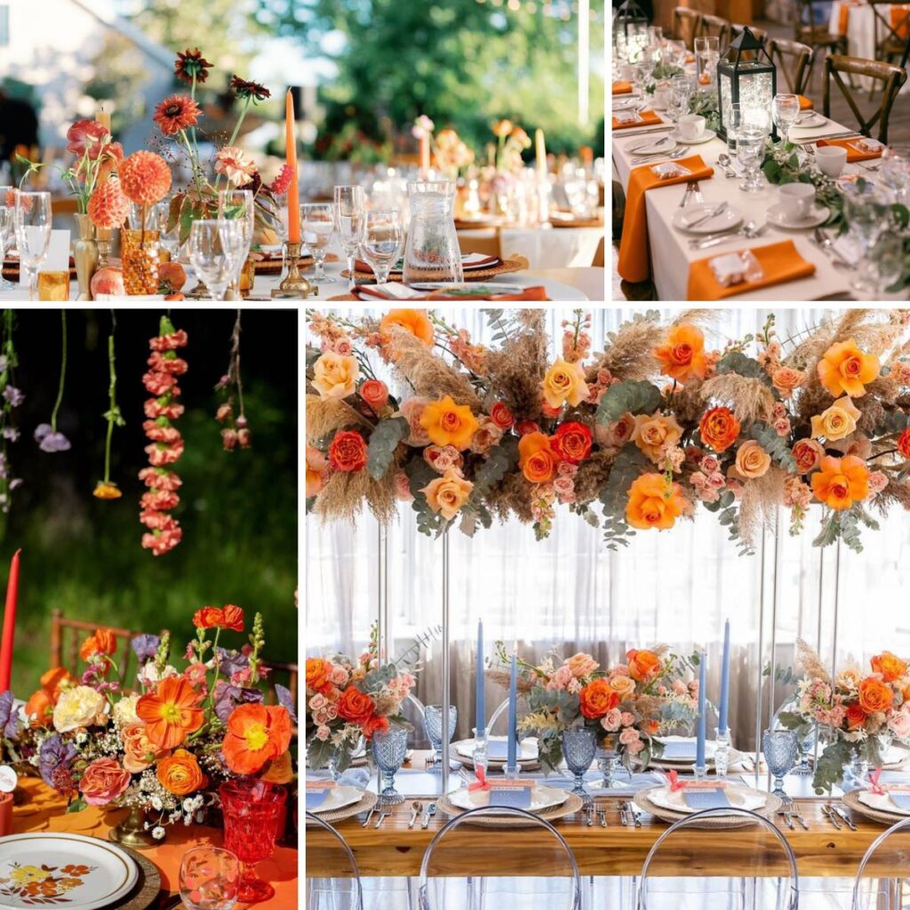A photo collage of wedding details with an orange color palette. Each one shows a close up or centerpieces and flowers.