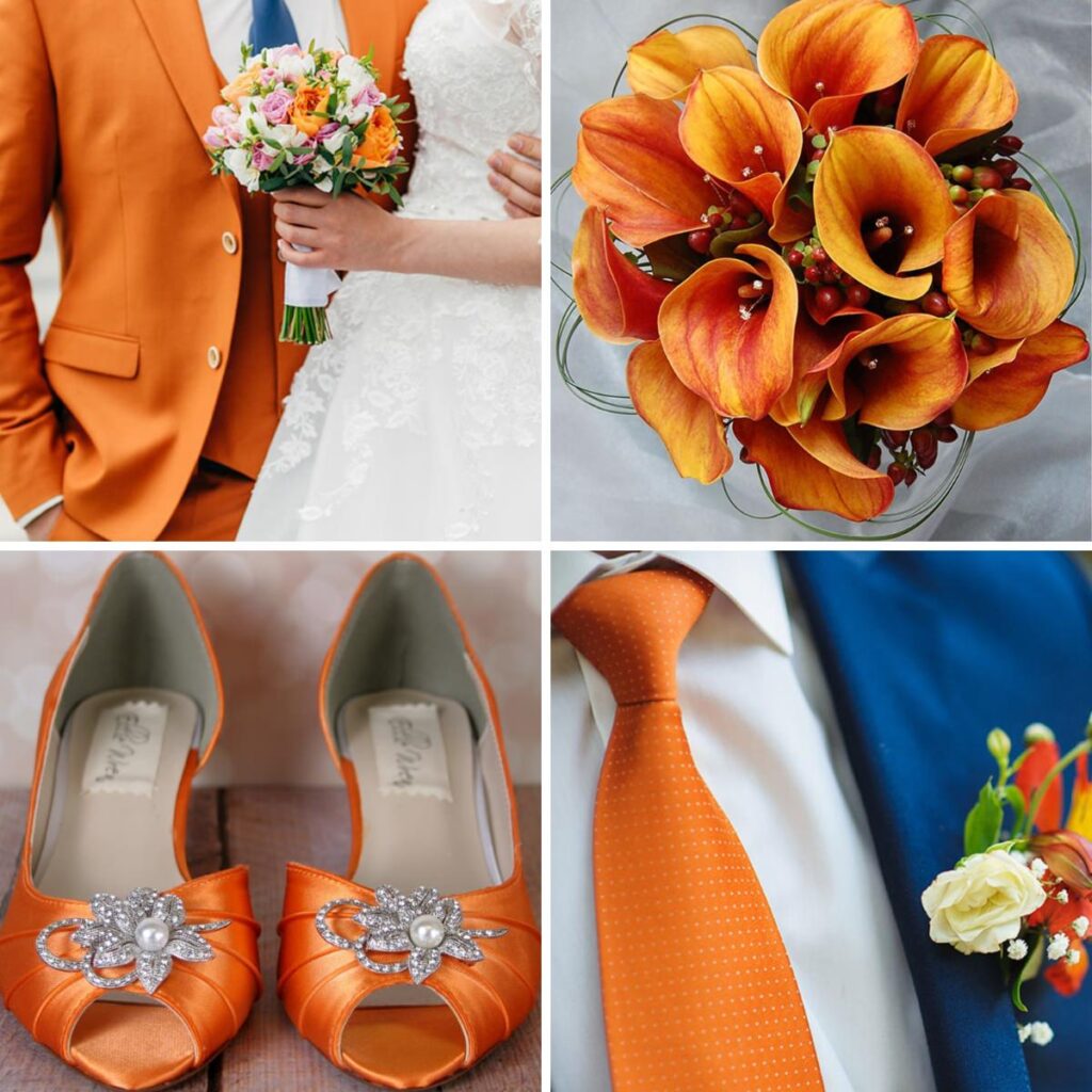 A photo collage of wedding details. The photos show a groom with an orange suit, a close up of a bridal bouquet with orange flowers, an orange pair of heels, and a groom in a blue suit with orange tie.