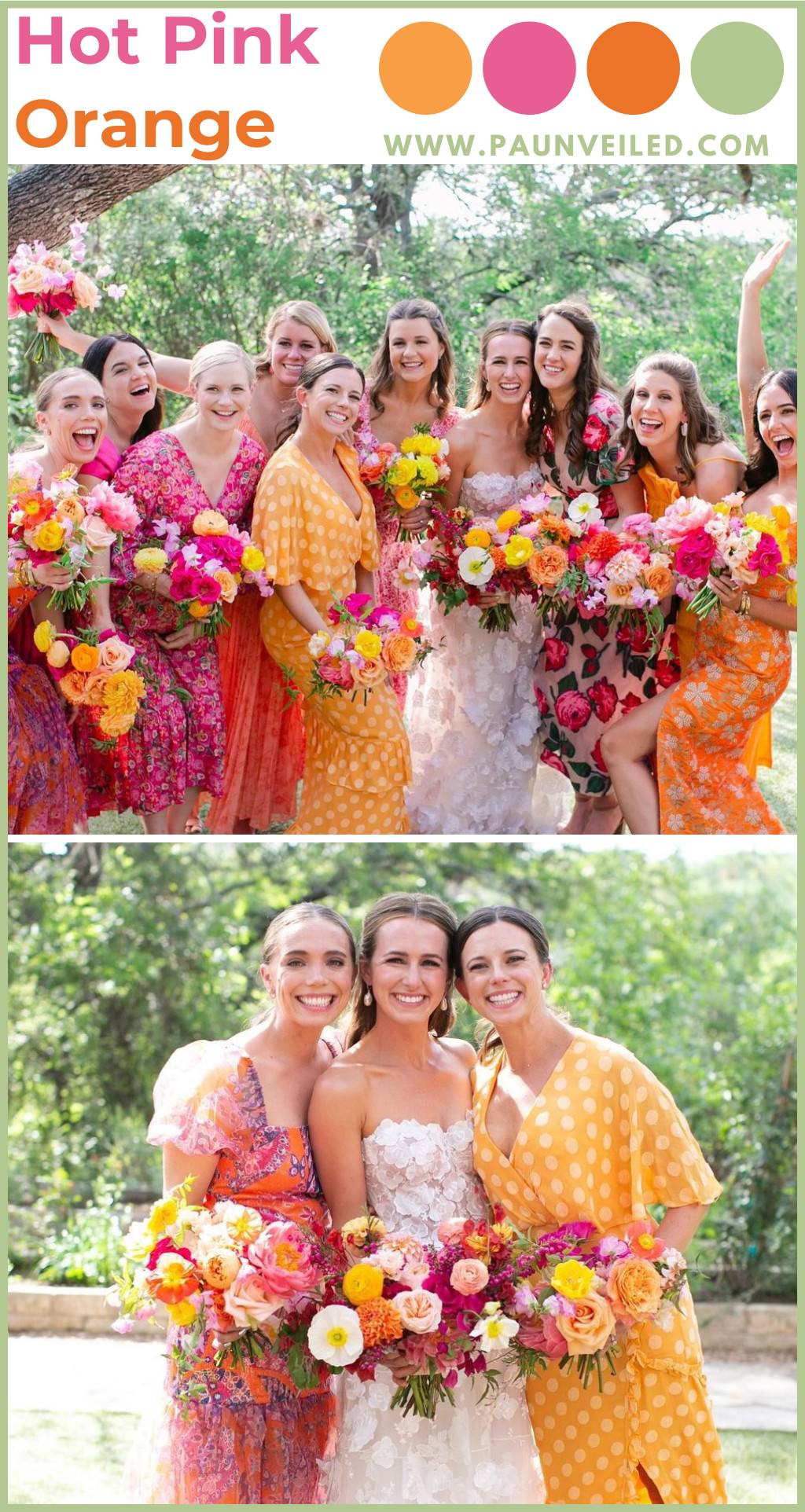 Two vibrant spring wedding photos that show a bride and bridesmaids in hot pink and orange bridesmaid dresses