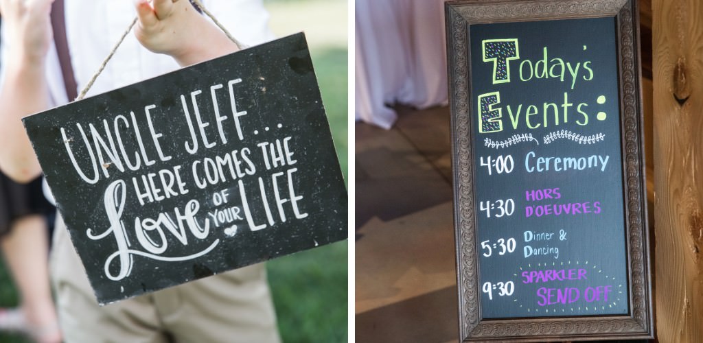 A DIY ring bearer sign and DIY schedule of events sign. Two examples of DIY wedding signage