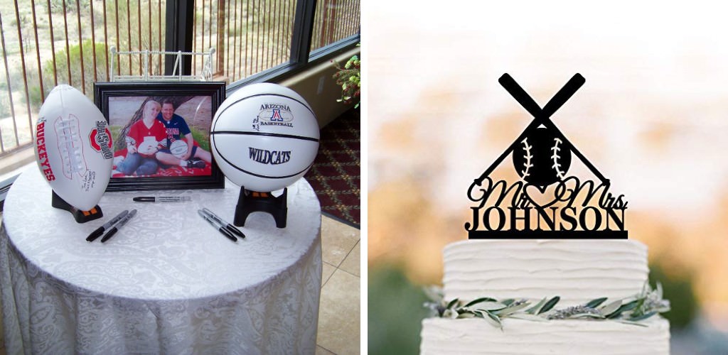 couples using a football and basketball as a guest book. And a baseball themed wedding cake topper