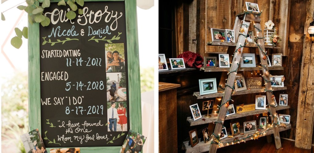 Two story of us displays at a wedding showing how the couple met and arrived to the wedding day