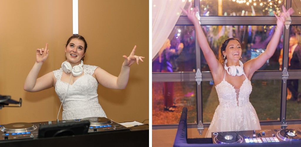 Two brides playing DJ at their own wedding