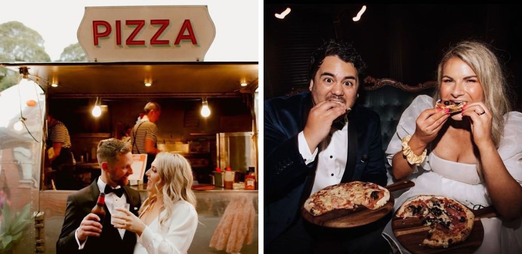 Two couples eating pizza on their wedding day