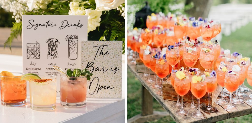 Two custom signature cocktails at a cocktail and a wedding reception