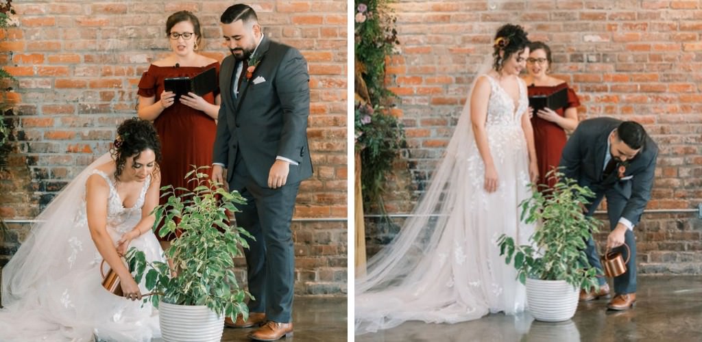 A couple doing a unity ceremony at a wedding by planting a tree together