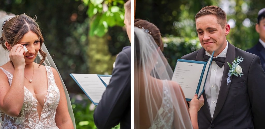 A bride and groom getting emotional as they read custom vows that they wrote for each other. This is for the blog post called ways to personalize a wedding