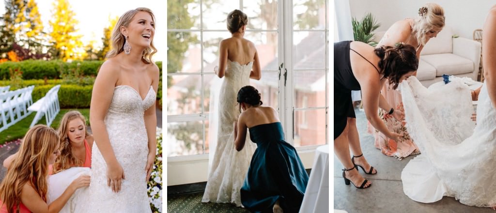 A few photos of bridesmaids bustling the wedding dress.