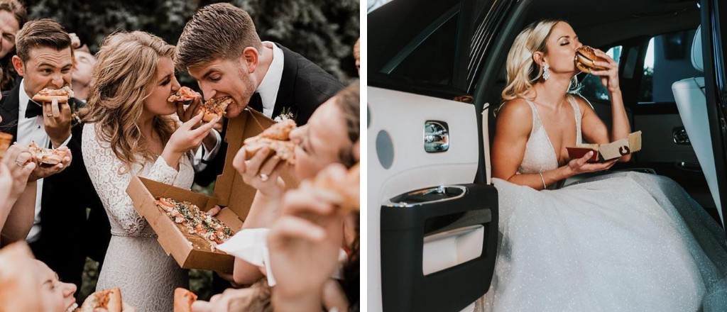 A wedding party eating pizza and a bride eating McDonald's