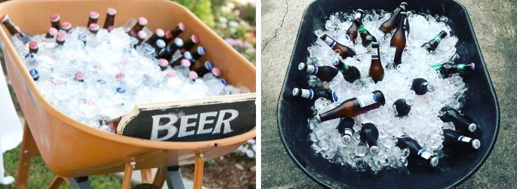 wheel barrows full of ice and drinks at a wedding
