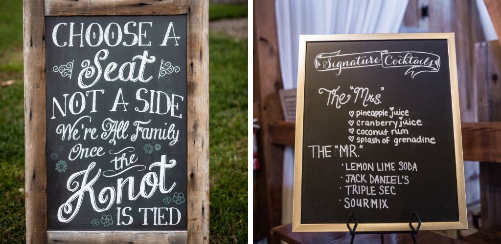 Two DIY wedding signs. One sign is the welcome sign and the other is the bar sign with the drink menu