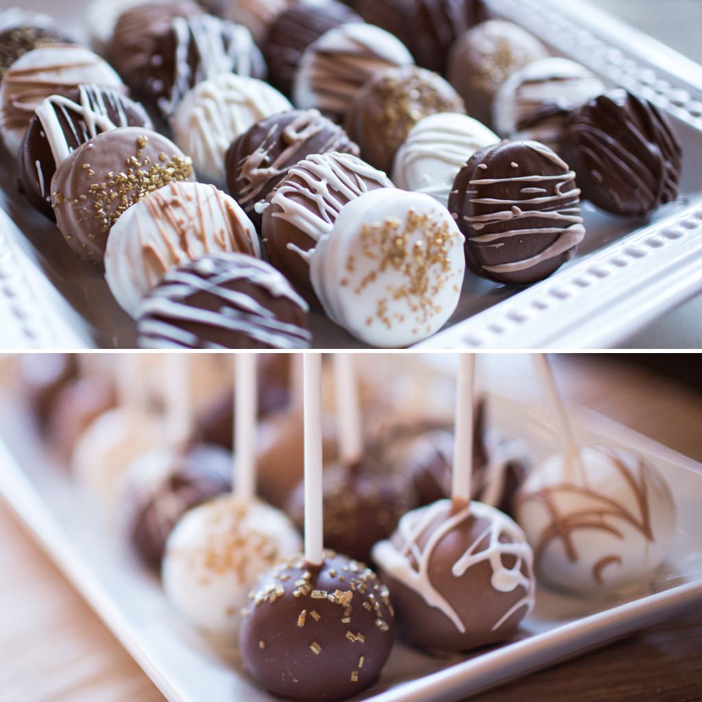 An assortment of chocolate covered Oreos and chocolate cake pops at a wedding