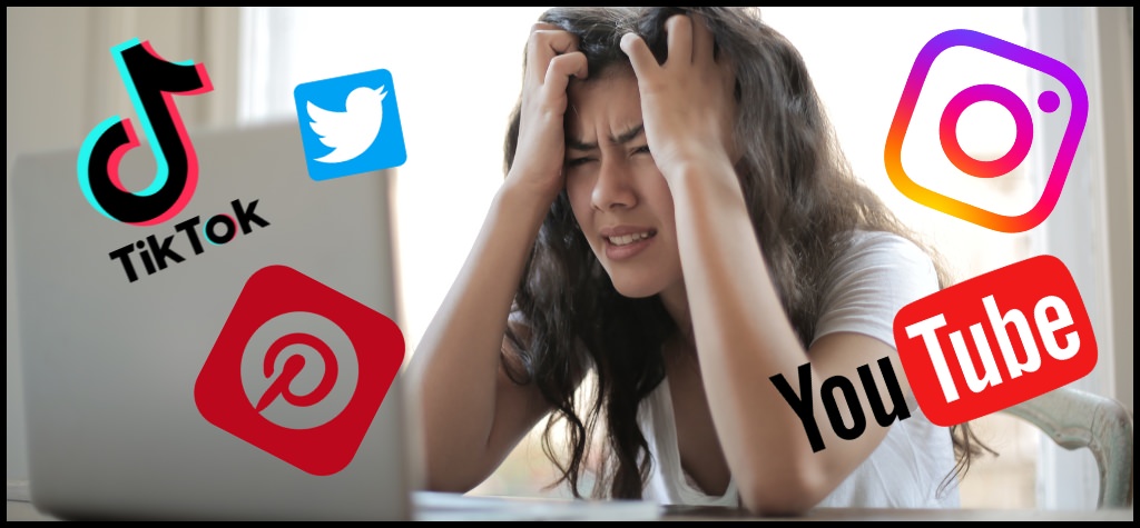 A bride being overwhelmed by wedding planning. she is sitting at a laptop and there are a bunch of social media app icons around her