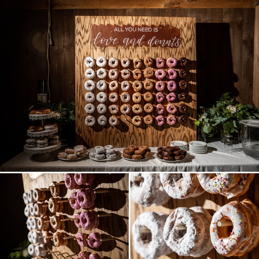 A wedding donut wall with pink and whited frosted donuts