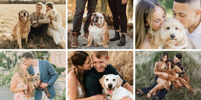 A photo collage of couples posing with their dogs for engagement photos. The title of this post is engagement photo ideas with dogs