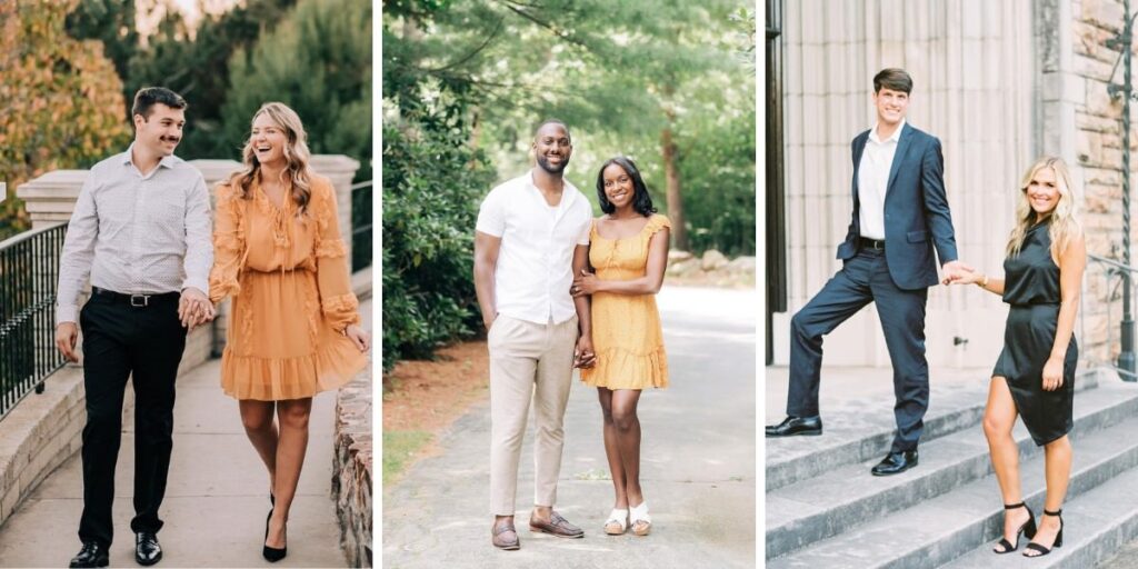 This is the cover photo for the blog post called engagement photo outfit ideas. This shows three different couples wearing stylish outfits during their engagement session.