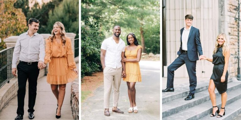 This is the cover photo for the blog post called engagement photo outfit ideas. This shows three different couples wearing stylish outfits during their engagement session.
