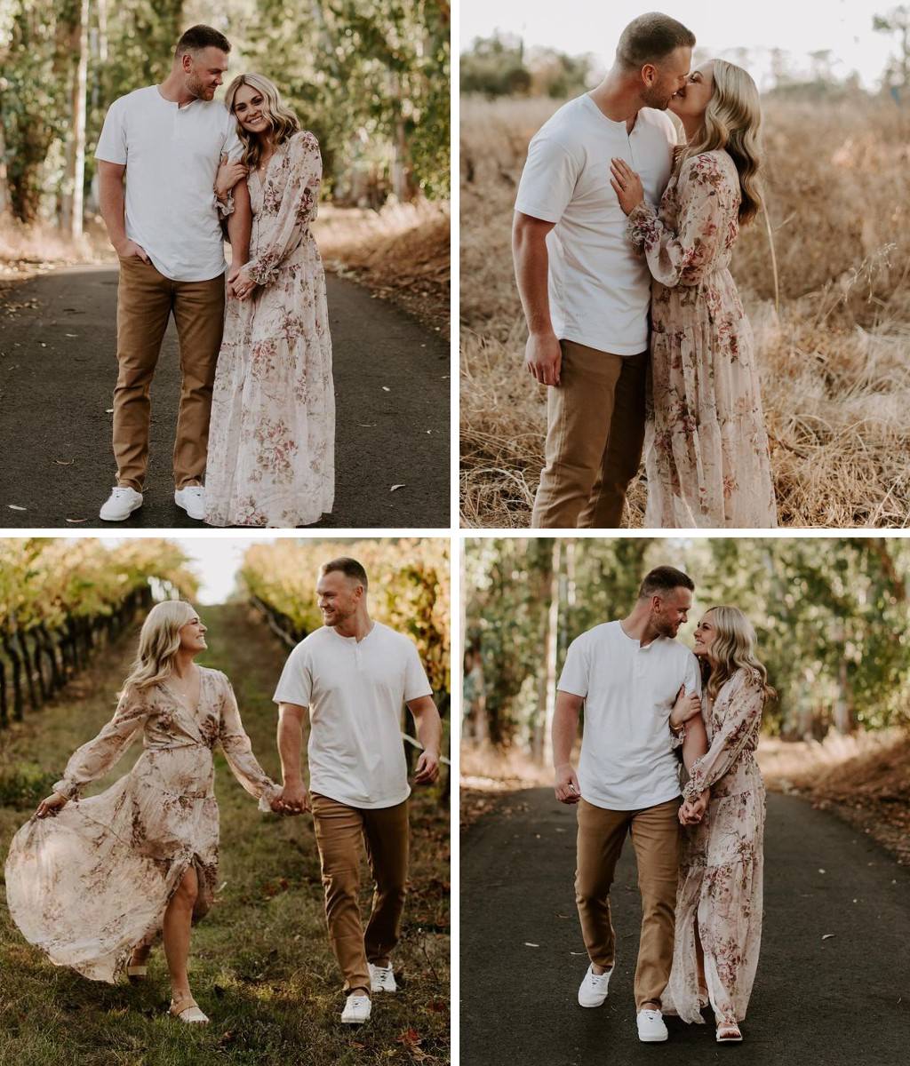 A couple posing outdoors for their engagement pictures