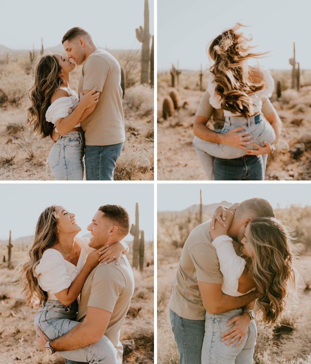 A photo collahe showing a couple posing for engagement photos in the desert.