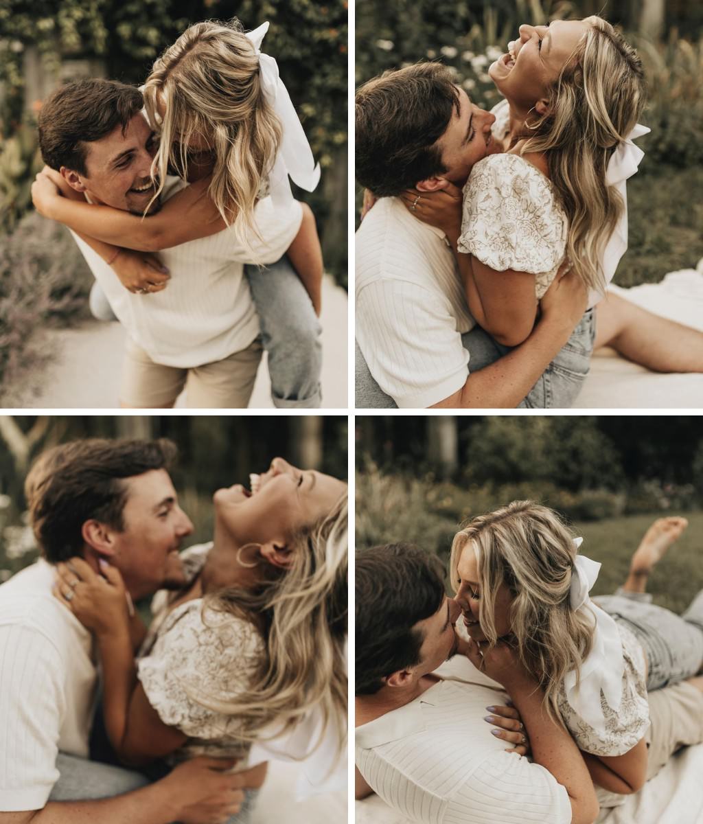A collage showing four photos of a couple doing their engagement photos. A variety of poses shows the girl on the guys back, the girl laying down barefoot kissing the guy, and two photos of the couple laughing together.
