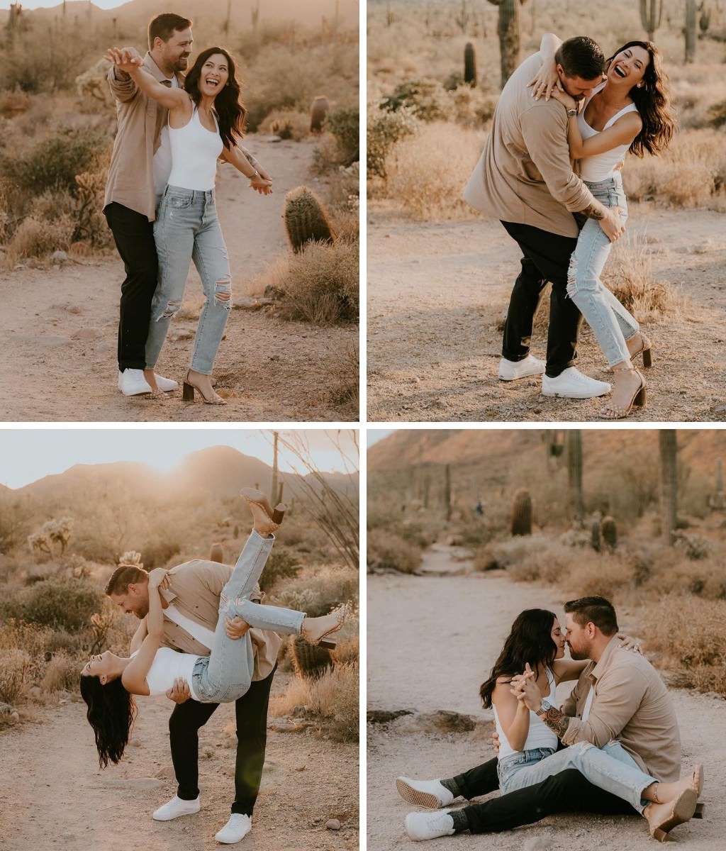 A fun photo collage showing engagement photo poses. The couple is dancing and playing around. The man is picking the woman up and dipping her in one photo. The last photo shows them sitting on the ground face to face