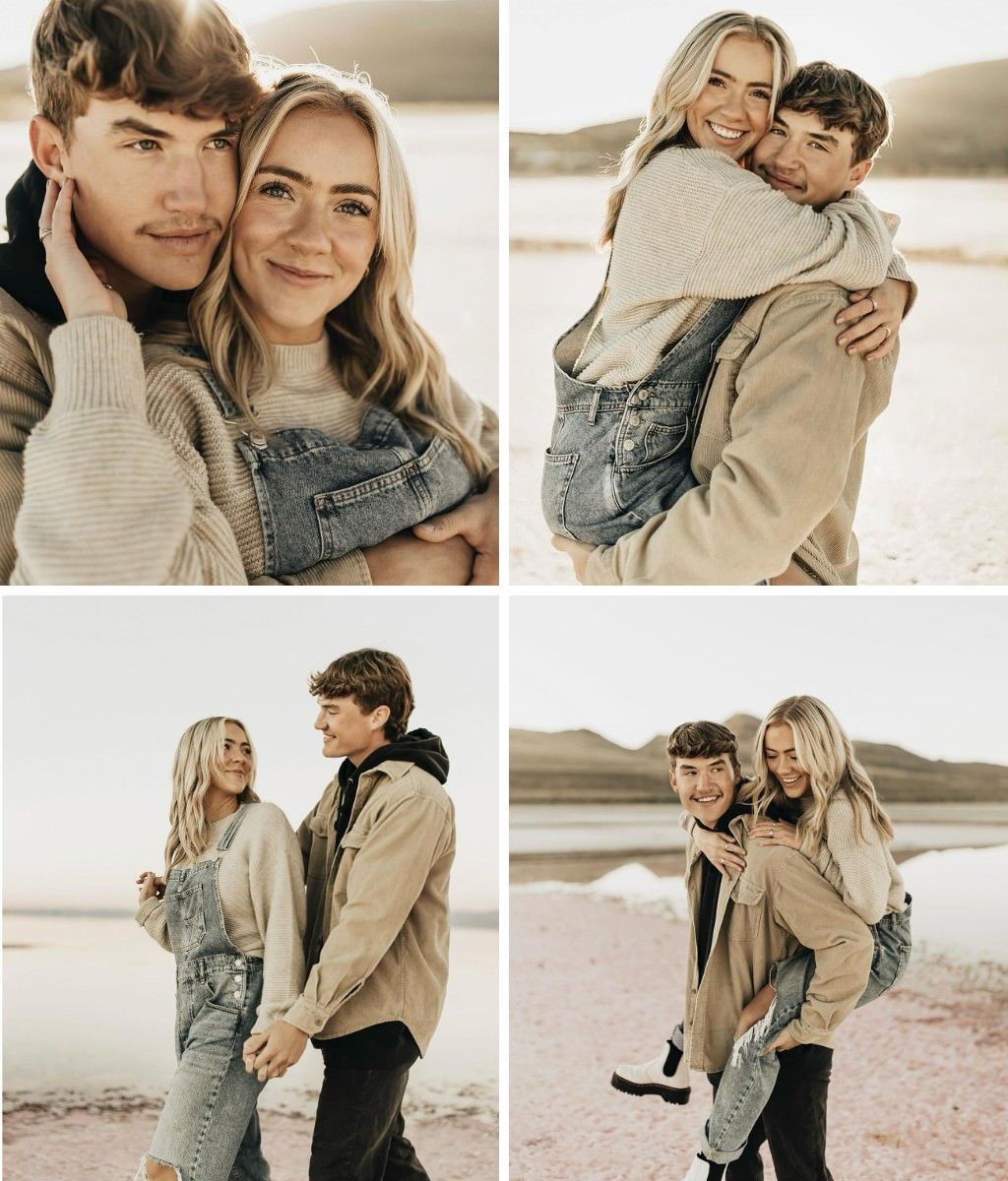 a collage of engagement photos that show a girl in overalls and long sleeve shirt hugging a guy. They are near the beach and doing a variety of lifestyle poses