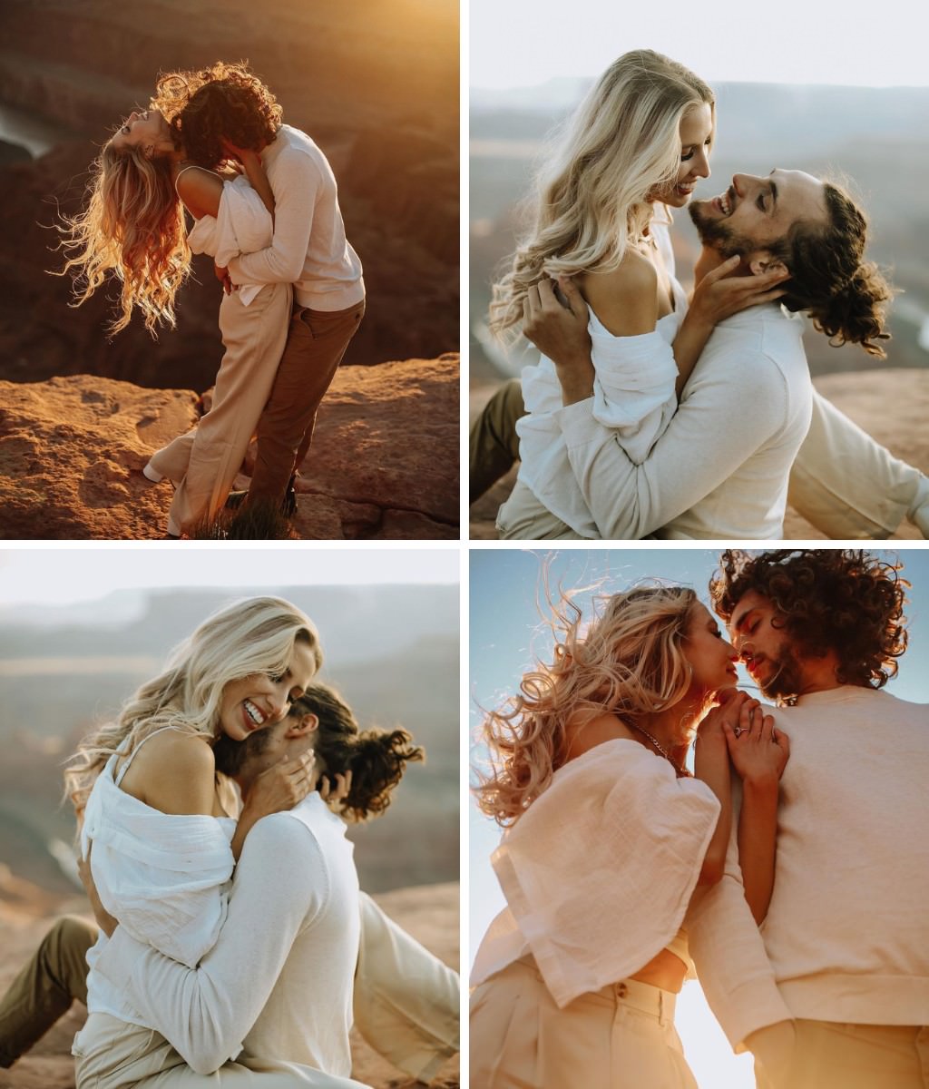 A collage of engagement pictures that shows a variety of poses. In two, the woman is sitting on the mans lap facing him. The other two shows the couple embracing with the sun setting behind them.