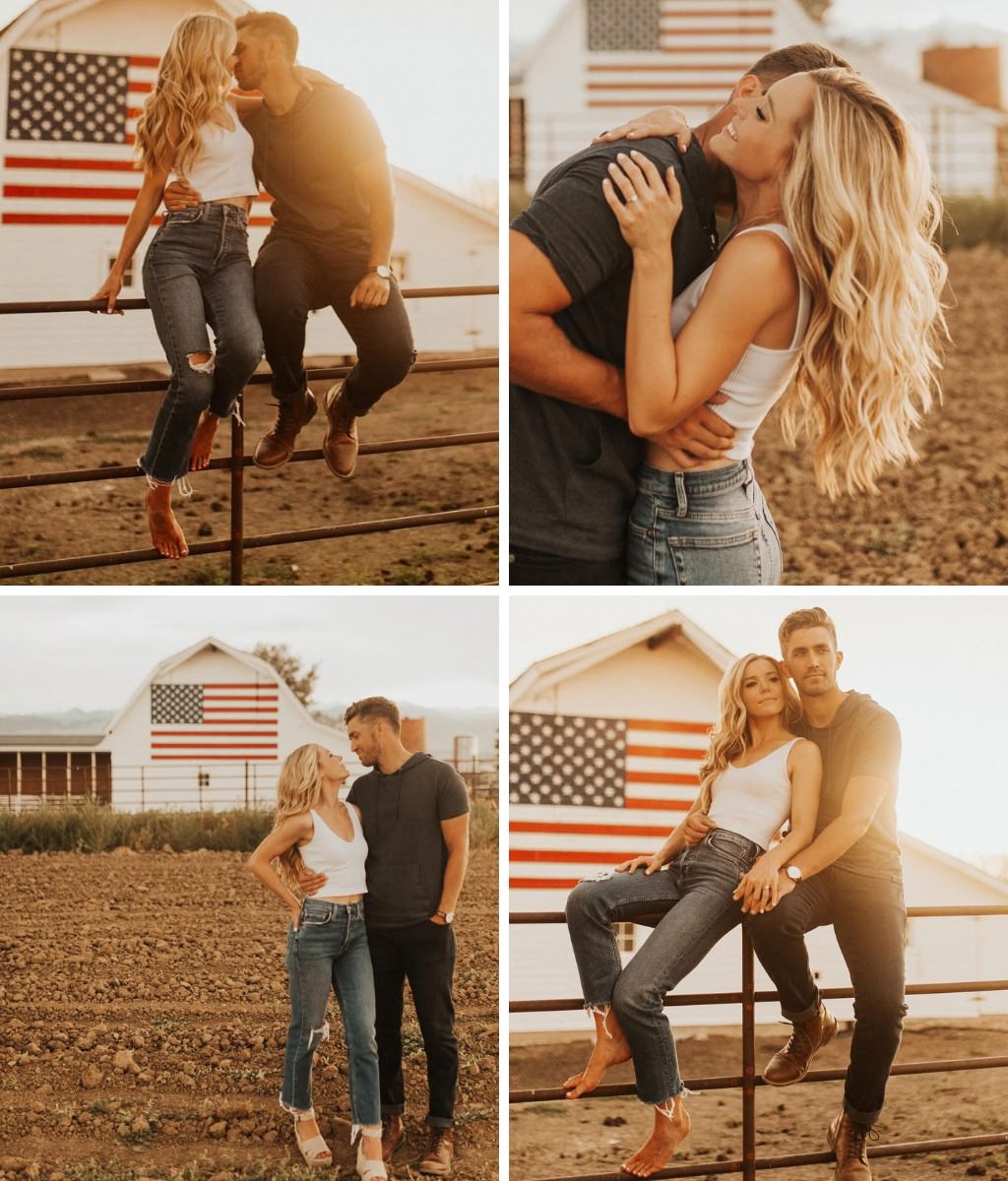 cute and casual engagement photos where the couple is wearing casual outfits. They are both in jeans and barefoot. He is wearing a black t-shirt, and she is wearing a white tank top