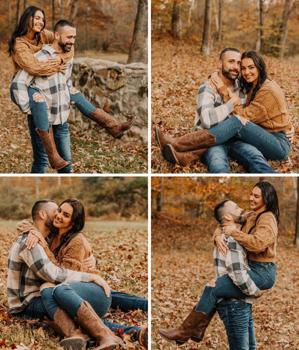 A couple posing for photos in the fall wearing cozy outfits. He is wearing a flannel shirt and jeans. She is wearing jeans and brown sweater