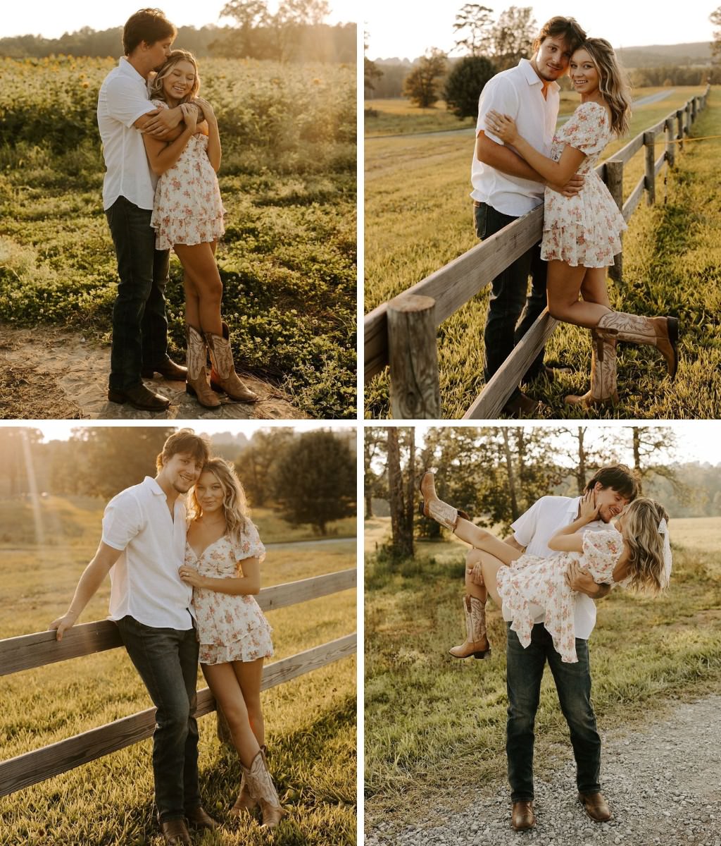 A couple posing for engagement photos wearing rustic country outfits. She is wearing sundress with cowboy boots and he is wearing jeans and a white polo.