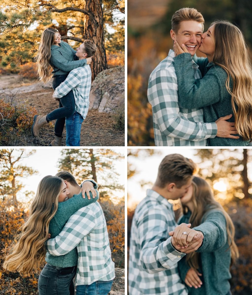 A couple posing outdoors. she is wearing a green sweater and he is wearing a white and green plaid flannel shirt.