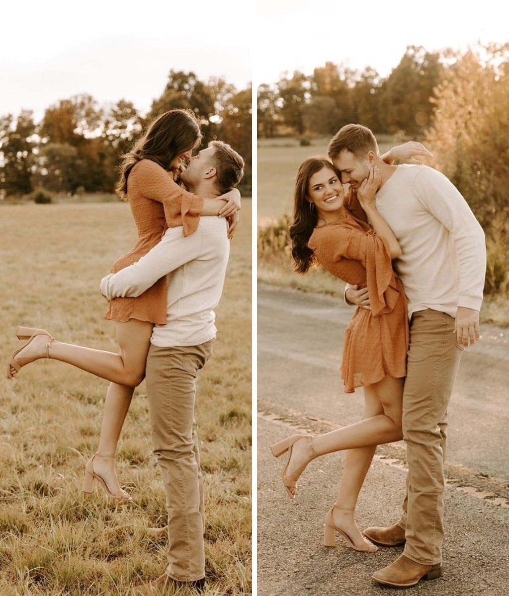 Two photos that show a couple posing outdoors. He is wearing chinos and a long sleeve shirt. She is wearing a dusty orange dress.