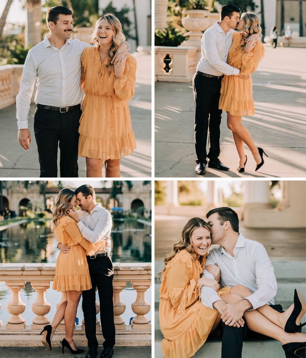 A photo collage of engagement photo outfit ideas. This shows a man and woman posing for photos. She is wearing an orange dress and he is wearing slacks and a dress shirt.