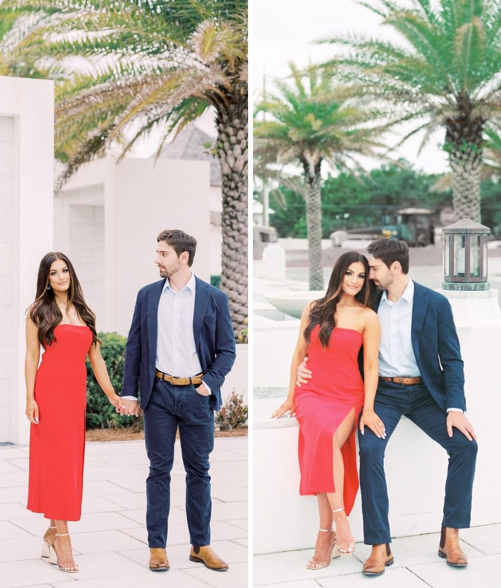 A couple posing for photos. She is wearing a long red dress and he is wearing slacks and a sport coat.