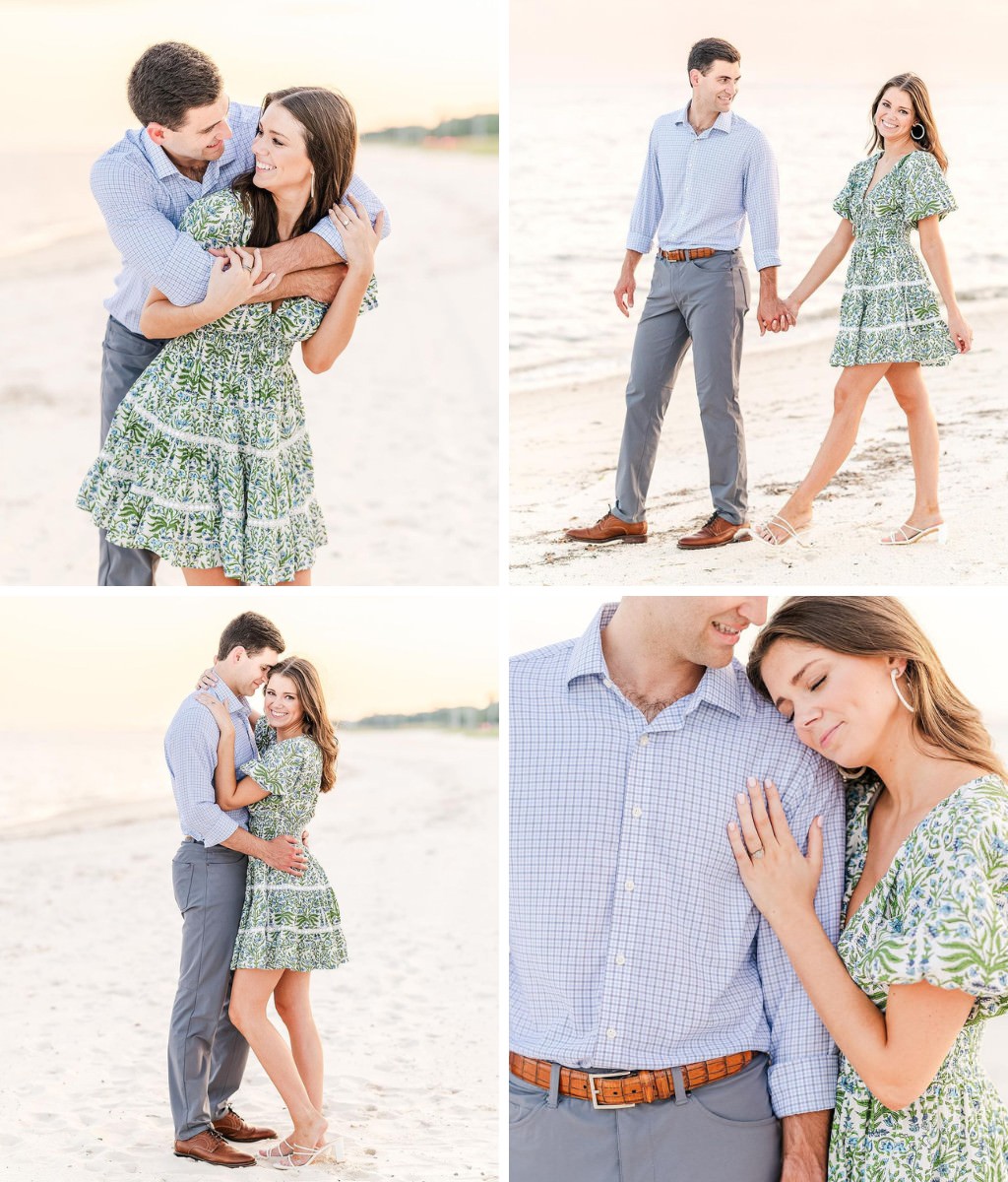 A couple posing for photos near the beach. she is wearing a cute green dress.