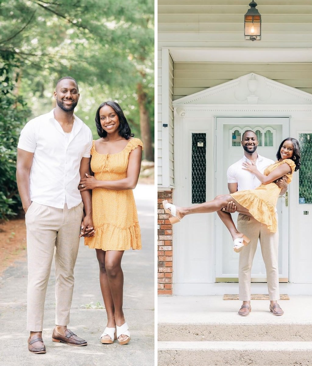 A couple posing for photos in stylish outfits. He is wearinf tan slacks and a light colored shirt. she is wearing an orange/yellow dress.