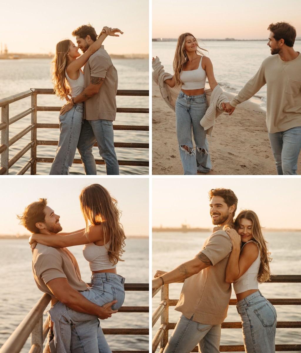 A man and woman posing for engagement photos near the beach and pier. A collage of cute and playful poses.