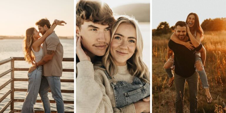 The cover image for the blog post called engagement photos posing ideas. This shows three different engagement photos with a variety of poses