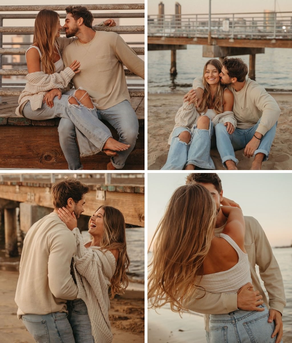 A cute outdoor engagement photoshoot that shows a variety of poses. One the couple is sitting on the sand with jeans and no shoes. Another they are facing each other and smiling. Another the man is hugging the woman from behind.
