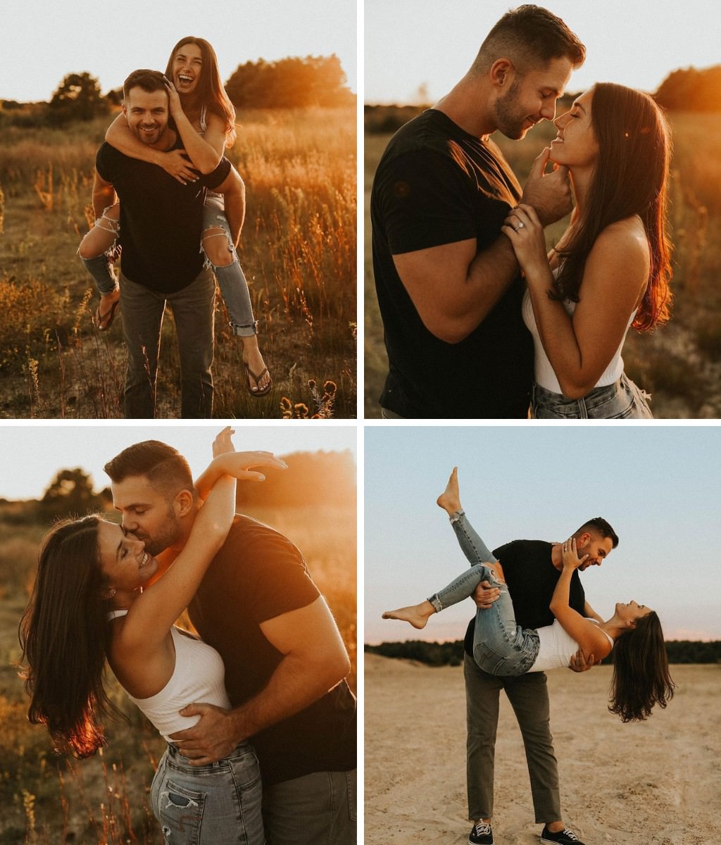 A photo collage showing a guy and girl posing at sunset for their engagement photos. The girl is getting a piggyback ride from the guy and they are also getting close and putting their arms around each other.