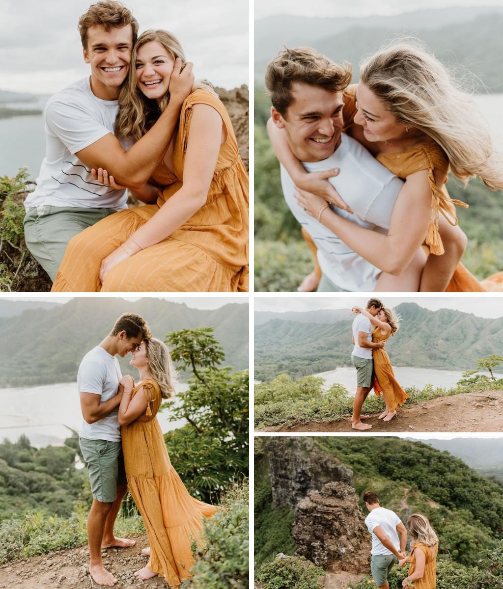 An outdoor engagement photo session that shows a variety of poses. The girl is on the guys back with her arms wrapped around him. Another where they are standing barefoot with their foreheads touching, and one where they are smiling at the camera.