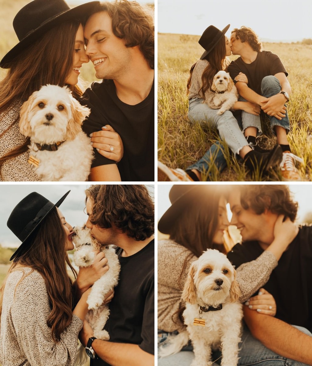 A couple posing for engagement pictures outside with their little dog