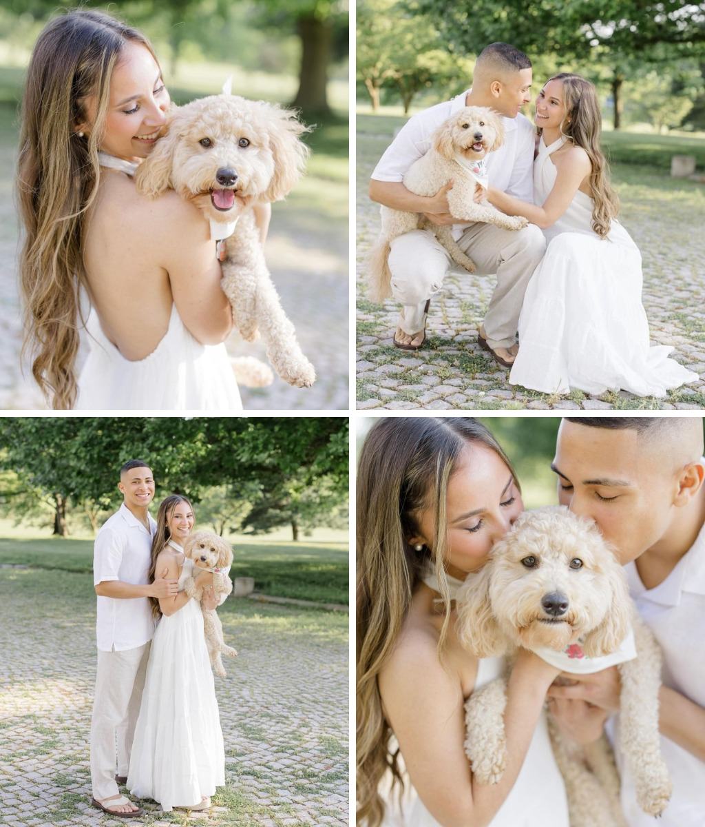 A gorgeous Goldendoodle with a couple posing for engagement photos outside