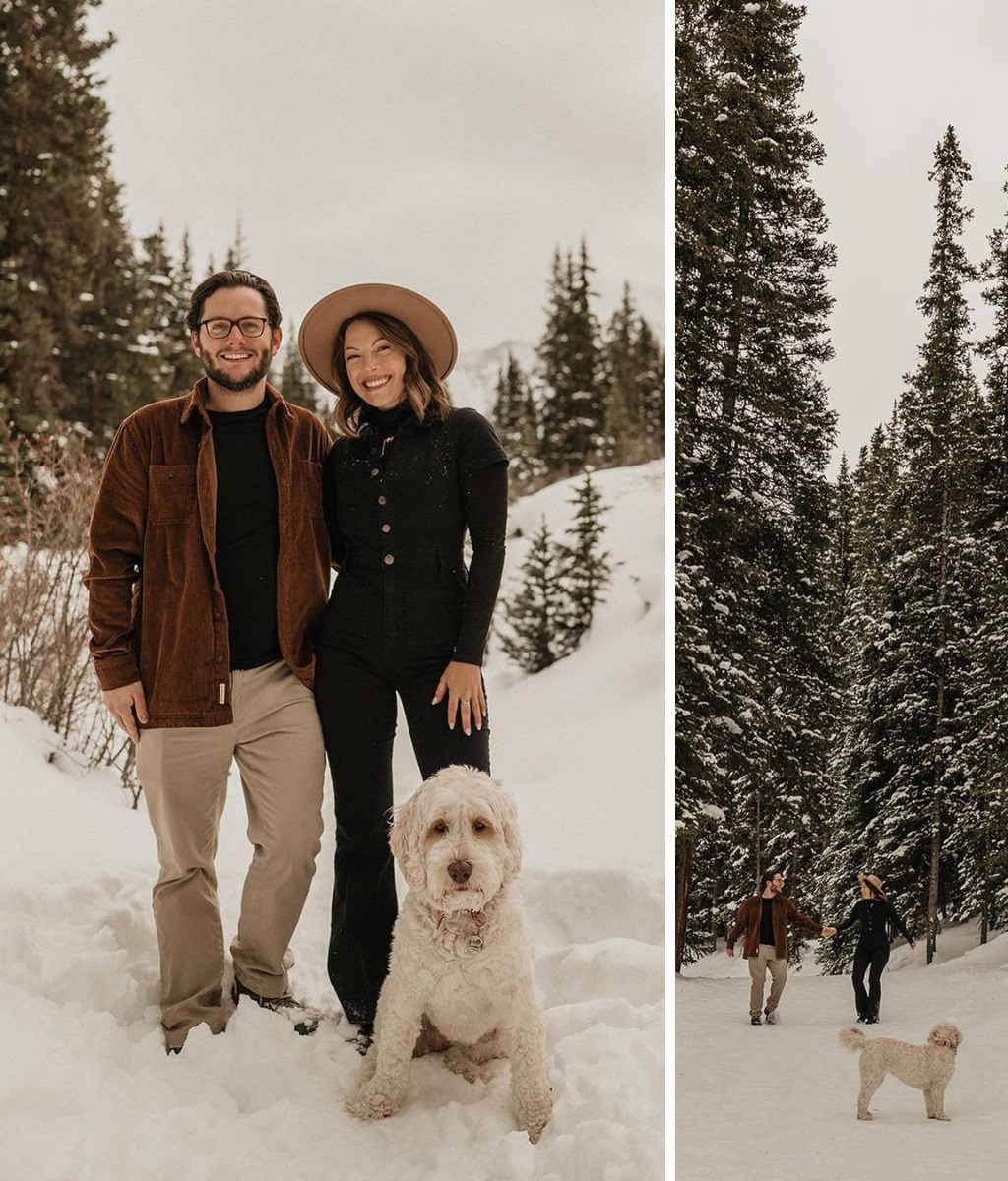 A couple posing with their dog in the snow for their engagement photos