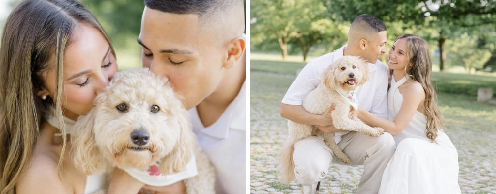 A couple posing outside their cute dog for their engagement photos