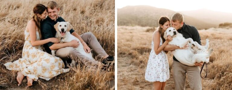 A couple taking engagement photos outside with their dog. They are posing in a big field.